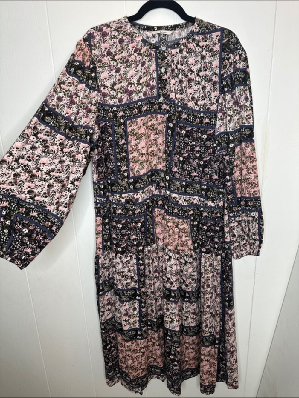 Boho Patchwork Long Sleeve Midi Dress in Pink